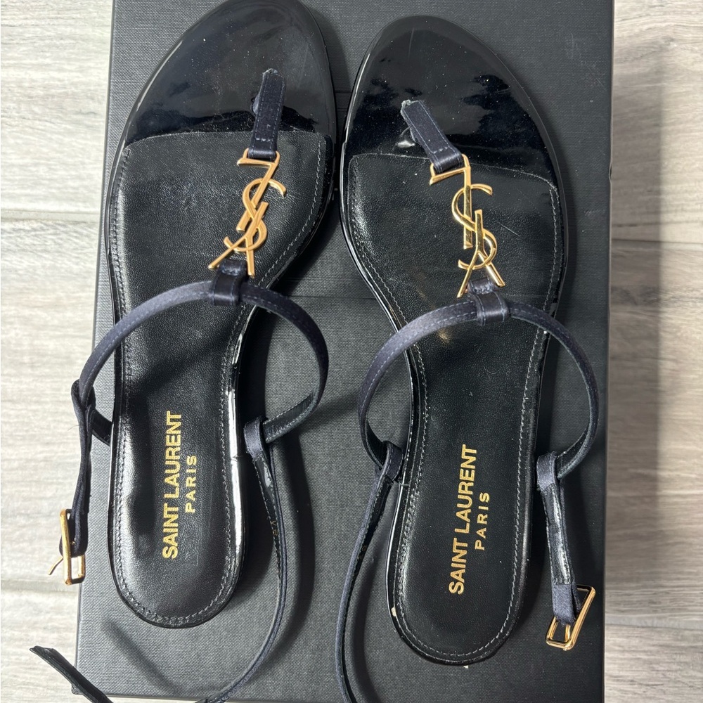 Saint Laurent Black Sandals with Gold YSL Logo